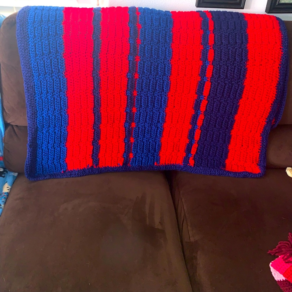 Independence Day Afghan Throw Red Blue Hand Crocheted